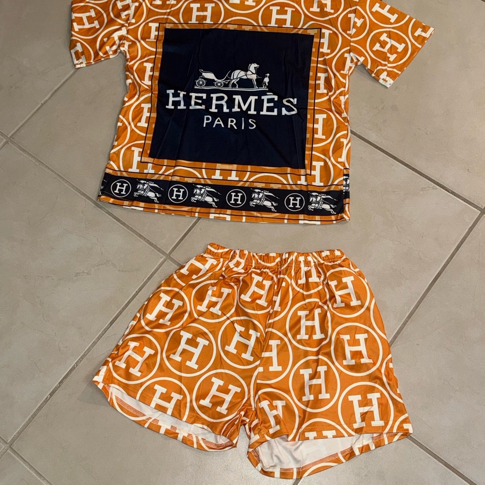 Pajama Set in Orange and Navy